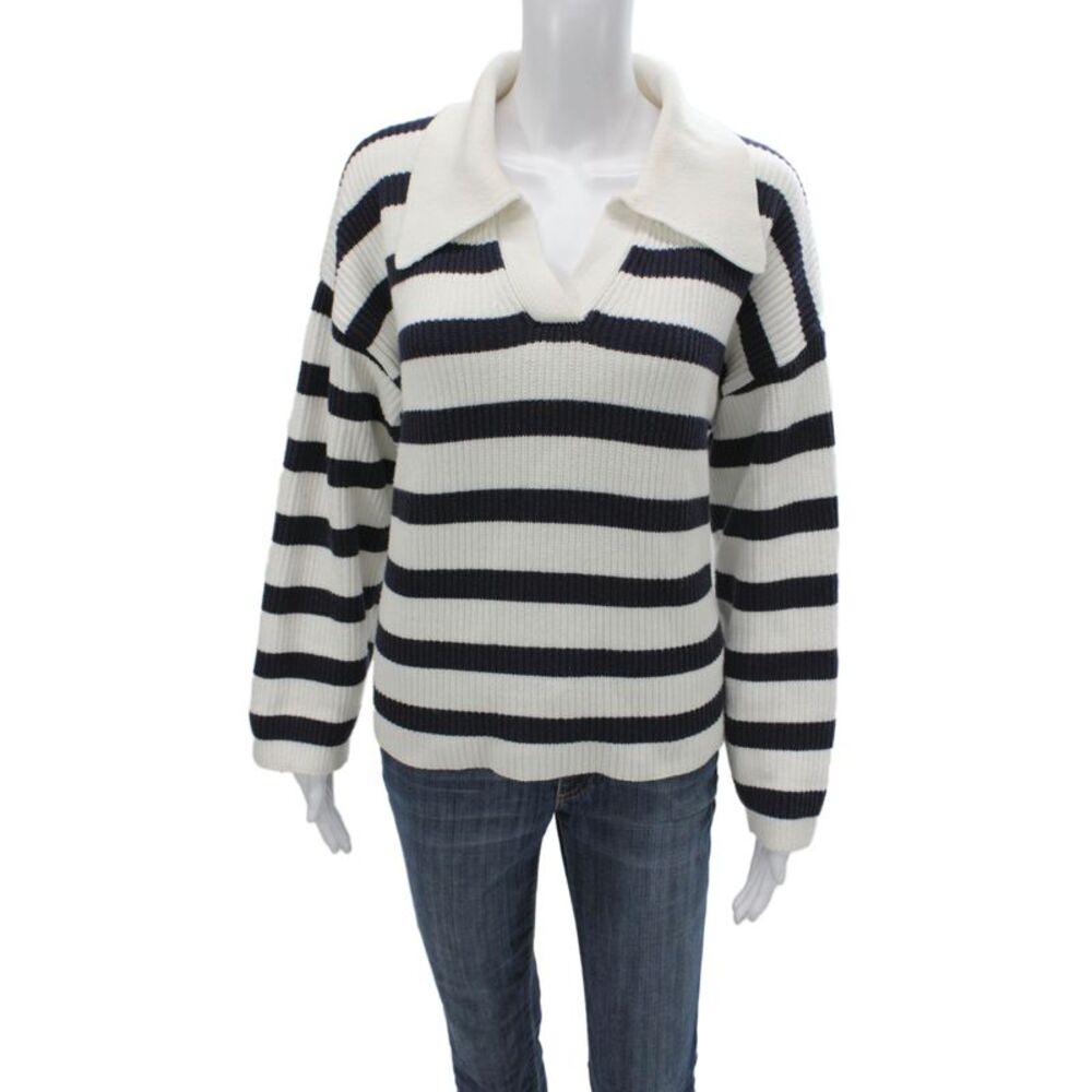 Aqua Women Black Striped Collared Sweater Cotton Long Sleeve Size L